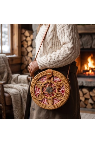 Morgen Craft Rezen Çiçek Desenli Omuz Çantası - El Yapımı - Bambu - 20x20x7,5 Cm Açık Kırmızı