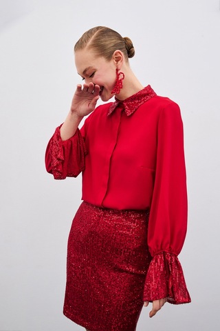 Sateen Payet Detaylı Gömlek - Kırmızı-135617 Kırmızı