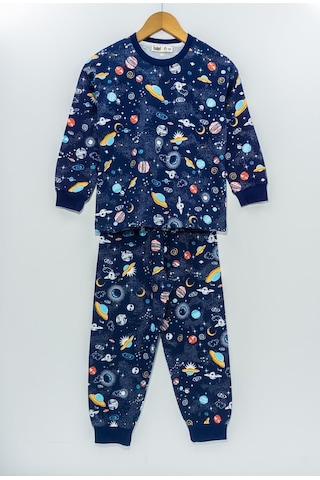 Bunny Hopp Uzay Temalı Erkek Çocuk Pijama Takımı %100 Pamuk Mevsimlik Bisiklet Yaka Manşetli Mavi - Lacivert