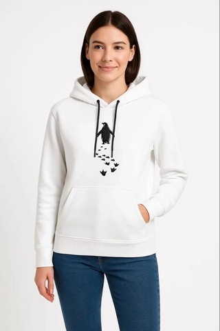Primemagazam Kadın 3 İplik Pamuklu Kapüşonlu Hoodie Sweatshirt Nihilist Penguen Baskılı - Beyaz Çeşitli