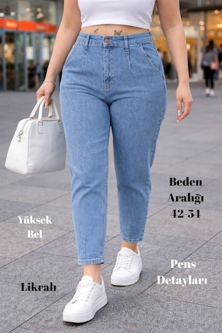 Cedy Denim Mom Fit Jean Büyük Beden Yüksek Bel Carrot Kesim Dar Paça Pileli Esnek Kot Pantolon C600 Kar Yıkama-600