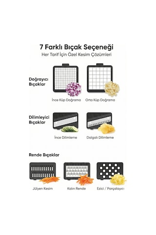 Çok Fonksiyonlu 7 Bıçaklı Doğrayıcı Set Sebze & Meyve Dilimleme, Rendeleme Ve Küp Doğrama Aparatı Beyaz