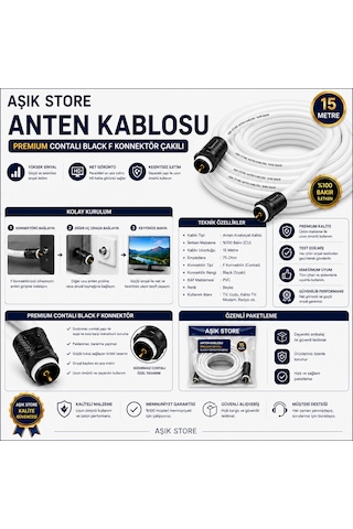 15 Metre Premium Anten Kablosu %100 Bakır İç İletken Contalı Black F Konnektör Çakılı Koaksiyel Tv Uydu Kablosu