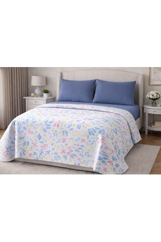 Faralya Life Baskılı Çift Kişilik Pike Takımı 200x220 Cm Pike 240x260 Çarşaf 2 Adet 50x70 Yastık Kılıfı %100 Pamuk Yumuşak Dokulu Yatak Örtüsü Seti Mavi