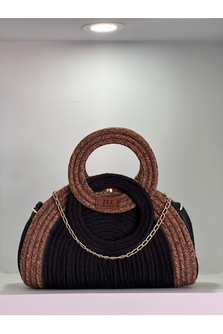 Oval Model Hasır Kordon Çanta Siyah  -  Kahverengi