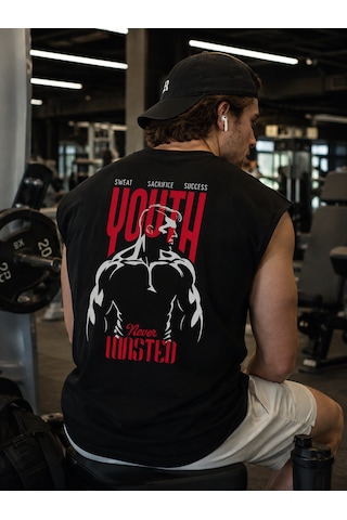 Urbantrendstore Baskılı Premium Sporcu Atleti Gym Tişört %100 Pamuklu T-shirt Açık Siyah