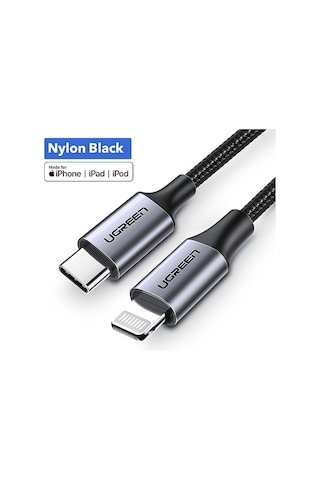 Ugreen Lightning To Usb-c 3a Pd Mfi Sertifikalı Örgülü Hızlı Şarj Kablosu 1 M Siyah