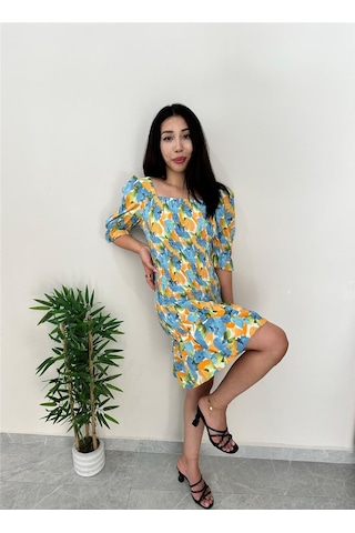 Simli Moda Çiçekli Mavi Yazlık Elbise