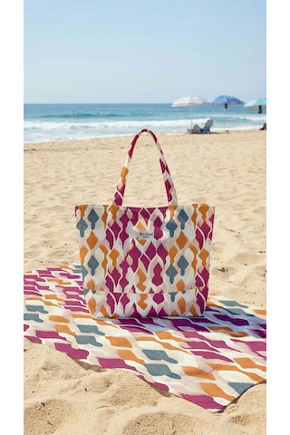 Miami Beach Batik Desenli Renkli Parçalı Kendinden Saplı Astarlı Kadın Plaj Çantası