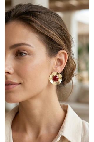 Vintage Model Bordo Gold Renk Pirinç Kadın Küpe Altın
