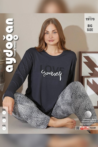 Aydoğan Kadın Büyük Beden Love Yourself Antrasit İnci Pijama Takımı 9170