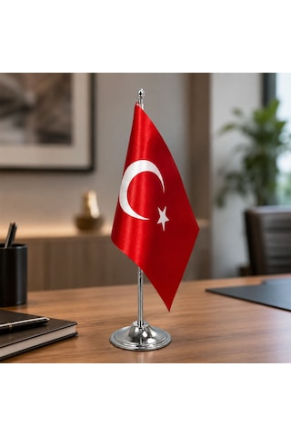 Bk Gift Masaüstü Bayrak Direği Tekli Gümüş Bayrak Standı Ve Bayrak - 33 Cm Ofis Masa Bayrağı