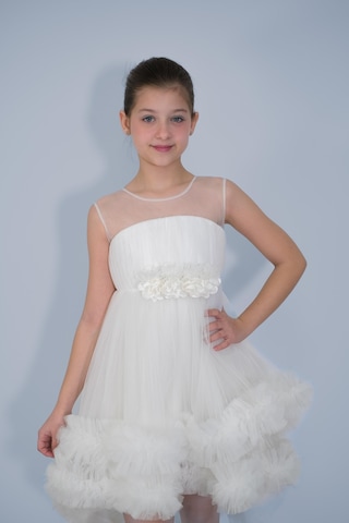 Butikhappykids Kız Çocuk Abiye Beyaz Etekleri Fırfırlı Kuyruklu Beli Çiçekli Abiye 6-10 Yaş Beyaz