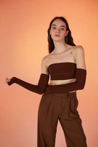 Holly Lolly Straplez Model Kol Detaylı Noir Bluz Kahverengi Kahve