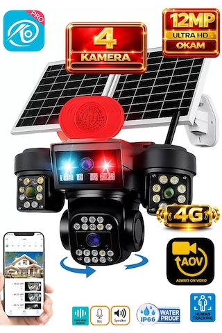 O-kam Ok337 Premium 12mp 4 Kameralı 4g Çift Solar Panel Aov Gece Görüş Sesli Konuşma Akıllı Kamera