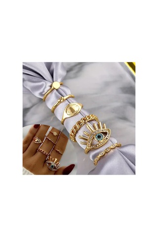Silva 6 Adet Kristal Taşlı Geometrik Tasarım Kalp Nazar Figürlü Vintage Çoklu Gold Altın Yüzük Seti