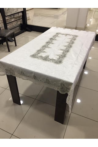 Almila Home Fransız Dantel Kadife 140X180 Masa Örtüsü Bej D18