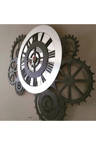Tasarım Gri Gümüş Pleksi Detaylı Çarklı Saat Çok Renkli