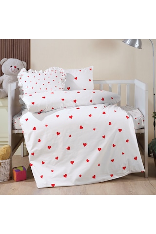 Lüks Ranforce Kumaşından Kırmızı Kalpli Bebek Nevresim Takımı 100x150 Kırmızı - Beyaz