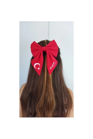 Türk Bayrağı Ve Atatürk İmza Motifli Fiyonk Toka - Kırmızı Kırmızı