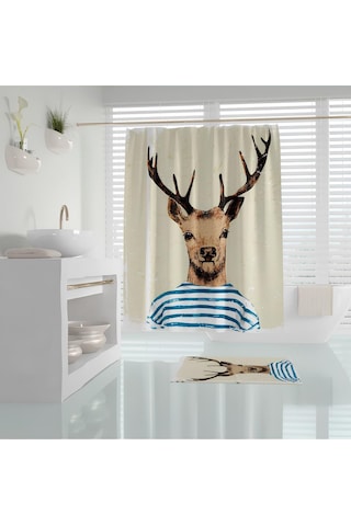Banyo Paspas Ve Tek Kanat Duş Perdesi 1x180x200 Set Banyo Halısı Deer Karışık