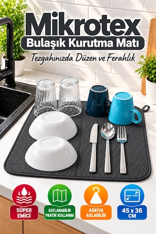 Antrasit Bez Mikrotex Bulaşık Kurutma Matı 45x36 Cm Süper Emici Katlanabilir Tezgah Üstü Kurutma Matı
