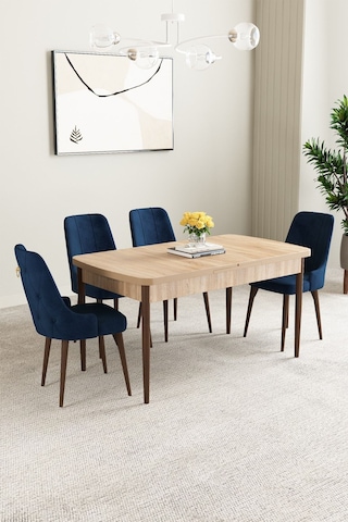 Mabel Meşe Desen 80x132 Mdf Açılabilir Mutfak Masası Takımı 4 Adet Sandalye Lacivert