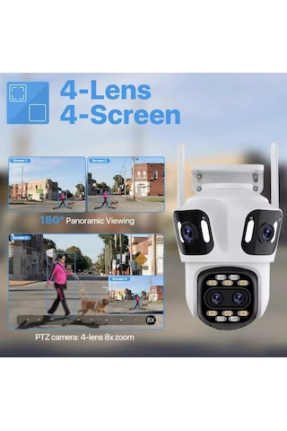 12mp 3k 4 Lensli Wifi Ptz Kamera 8x Zoom 360 Görüş Ip66 Gece Görüş Akıllı Güvenlik Kamera