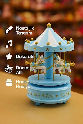 Mavi Atlı Karınca Müzik Çalmalı, Kurmalı Dönen Dekoratif Biblo Nostaljik Hediye Çocuk Odası İçin Şık
