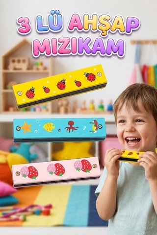 3'lü Ahşap Çocuk Mızıka Seti 16 Delikli 12cm Renkli Eğitici Ahşap Oyuncak Müzik Aleti Mızıka