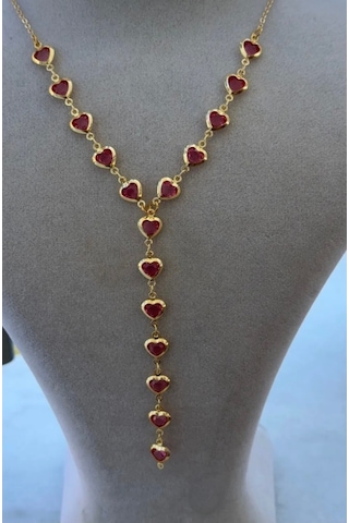 Kadın Gold Renk Zirkon Taşlı Özel Tasarım Y Model Kolye Pembe