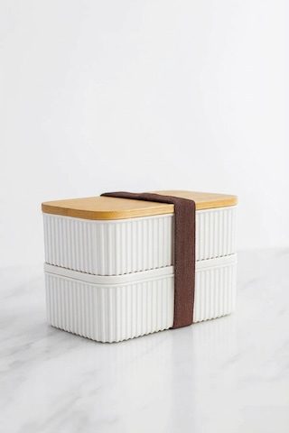 Makri Home Bambu Kapaklı 2'li Saklama Kabı Seti 0,5+0,5 Litre Üst Üste Konabilir 15x9x10 Cm Beyaz