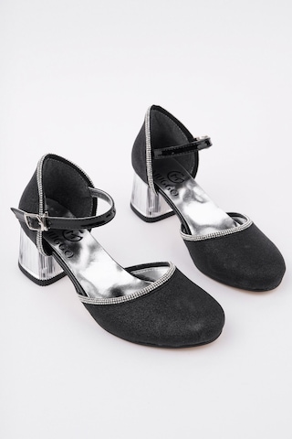 Muggo Else Bilekten Bağlamalı Simli Kız Çocuk Kısa Topuklu Ayakkabı Siyah