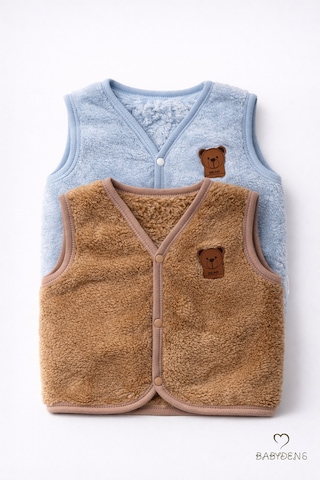 Babyden's 2 Li Welsoft Yelek Seti Erkek Bebek & Çocuk Peluş Yumuşak Kışlık Bebek Yeleği, Çıtçıtlı Kahverengi - Mavi