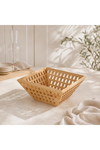 Bambu Sunumluk Sepet 20 Cm, Doğal Ahşap Meyve Sepeti, Ekmeklik Kahvaltılık Çerezlik Ve Servis Sepeti Kahverengi