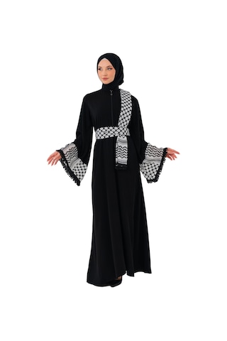 Zaytoon Fermuarlı Filistin Kefiye Desenli Geniş Püsküllü Kolları Dik Yakalı Siyah Filistin Elbise C100049 Siyah