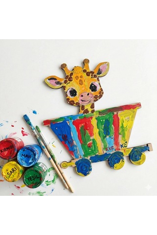 Boyanabilir Ahşap Vagonlu Zürafa Figürü 14x13 Cm 10 Adet