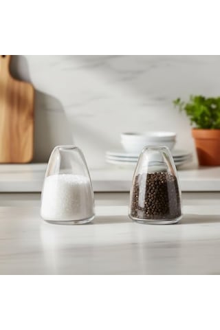 2&apos Li Şeffaf Cam Tuzluk Ve Biberlik Seti - Klasik Ve Modern Tasarımlı Alttan Dolumlu Baharatlık 4x6 Cm Acı Kahverengi