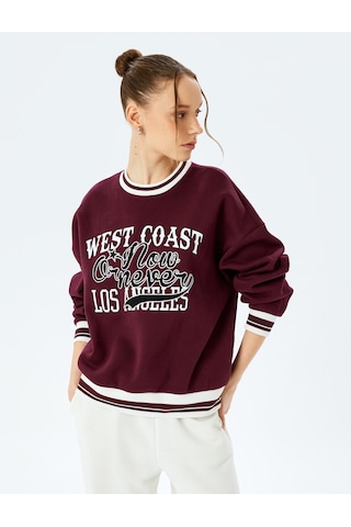 Koton Üç İplik Şardonlu Uzun Kollu Bisiklet Yaka Kolej Baskılı V Yaka Sweatshirt Bordo 5wal10836ık Bordo