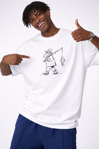 Yolo Street Oversize Beyaz Tişört %100 Pamuk Minimal Balıkçı Çizim Baskılı Unisex Streetwear Beyaz
