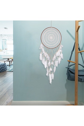Büyük Boho Rüya Yakalayıcı Beyaz Tüy Ve Boncuk Duvar Askısı Vintage Düğün Ev Dekoru 40 Cm Daire 110 Cm Uzunluk