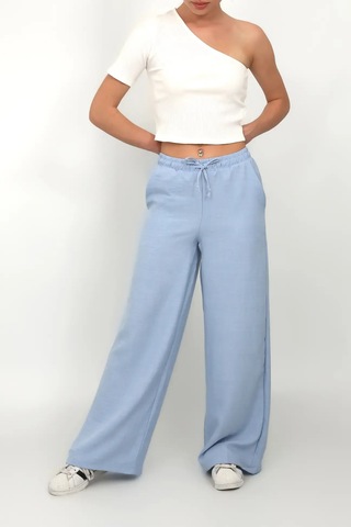 Kadın Beli Lastikli Geniş Paça Keten Pantolon Mavi
