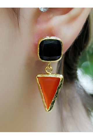 Kare Üçgen Modelli Kedigözü Cam Gold Kaplamalı Kadın Küpe Euku24sk Kırmızı