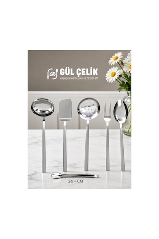 Gül Mutfak 6'lı Servis Seti Kepçe Kevgir Kaşık Spatula Çatal Maşa 18/0 Kalite Inox Gül Mutfak 6'lı Servis Seti Kepçe Kevgir Kaşık Spatula Çatal Maşa 18/0 Kalite Inox