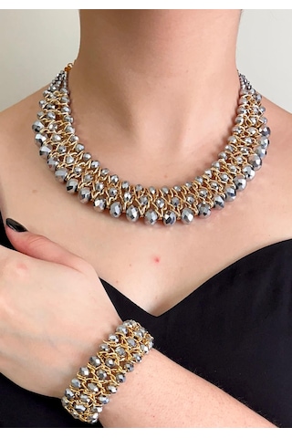 Rose Kristal Taşlı Türk El Yapımı Gerdanlık Kolye Ve Bilezik Set Rose Gold