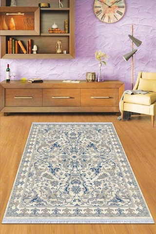 Mavi Çerçeveli Dokuma Pamuk Taban Kaymaz Kilim Klm339n11