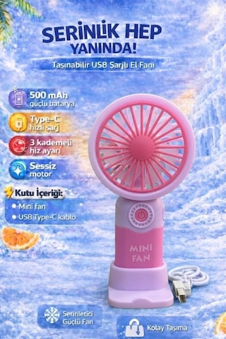 Fitfiyat Pudra Pembe Mini Taşınabilir Sessiz El Fanı 3 Hız Ayarl Mini El Pervanesi Soğutucu-vantilatör