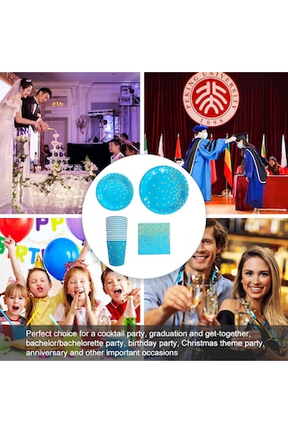 Kosona 10 Kişilik Mavi Altın Noktalı Tek Kullanımlık Parti Seti: Tabak, Servis Kağıdı, Bıçak-çatal-kaşık Ve Banner - Festivite Dekorasyonu