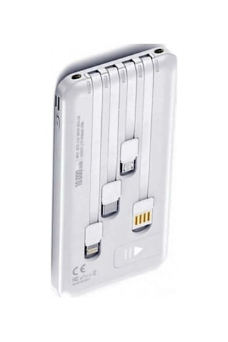 10.000 Mah Powerbank Dahili Çoklu Kablolu Taşınabilir Şarj Aleti Led Işıklı Güç Bankası Beyaz