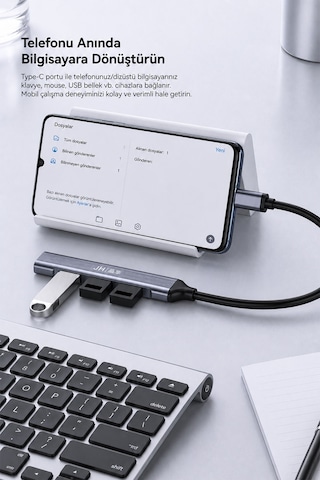Type-c 4 Port Usb Hub Çoklayıcı, 1 Usb 3.0 Ve 3 Usb 2.0 Girişli Otg Adaptör, Klavye Mouse Usb Bellek Harici Disk Uyumlu, Alüminyum Gövde, Mac Windows Linux N613